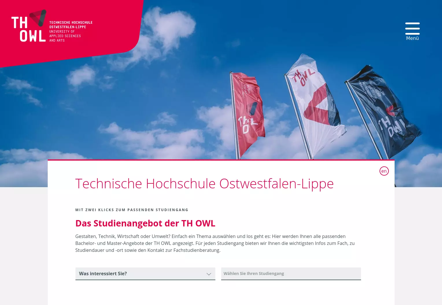 TYPO3 Studiengangsfinder auf der Startseite von hs-owl.de