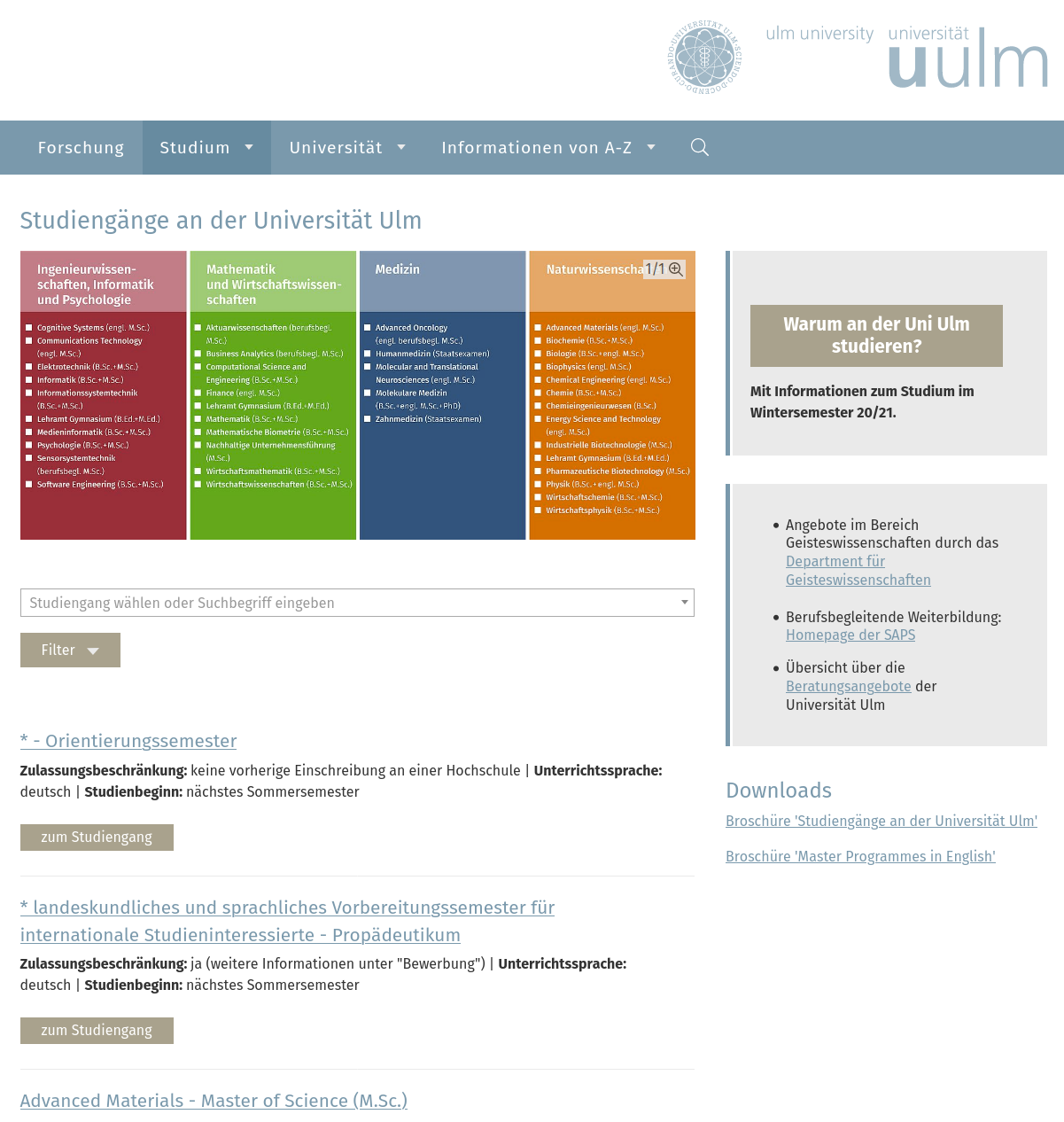 Universität Ulm: Listenansicht des Studiengangfinders